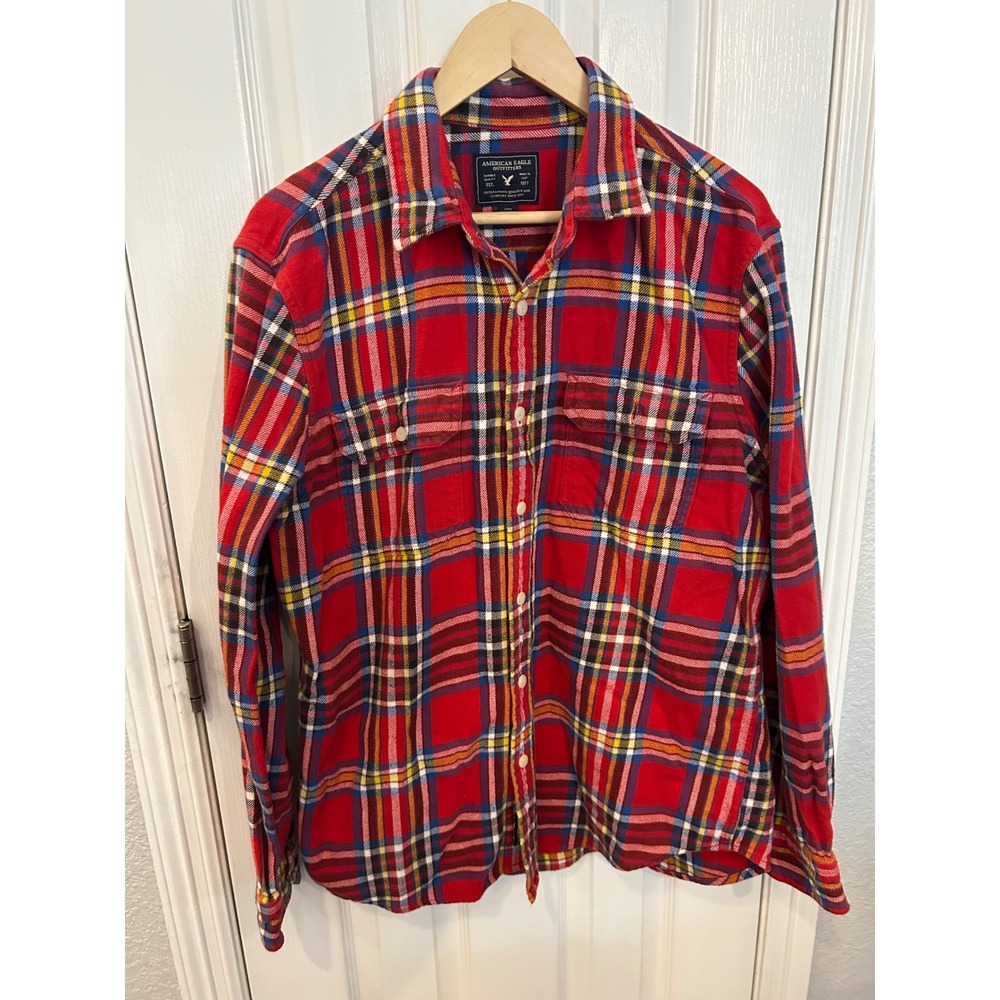 American Eagle Flannel Shirt Red Plaid Long Sleeve Button Down Cotton Top‎ L